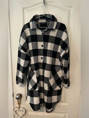 Parke Black and White Buffalo Check Button Front Coat